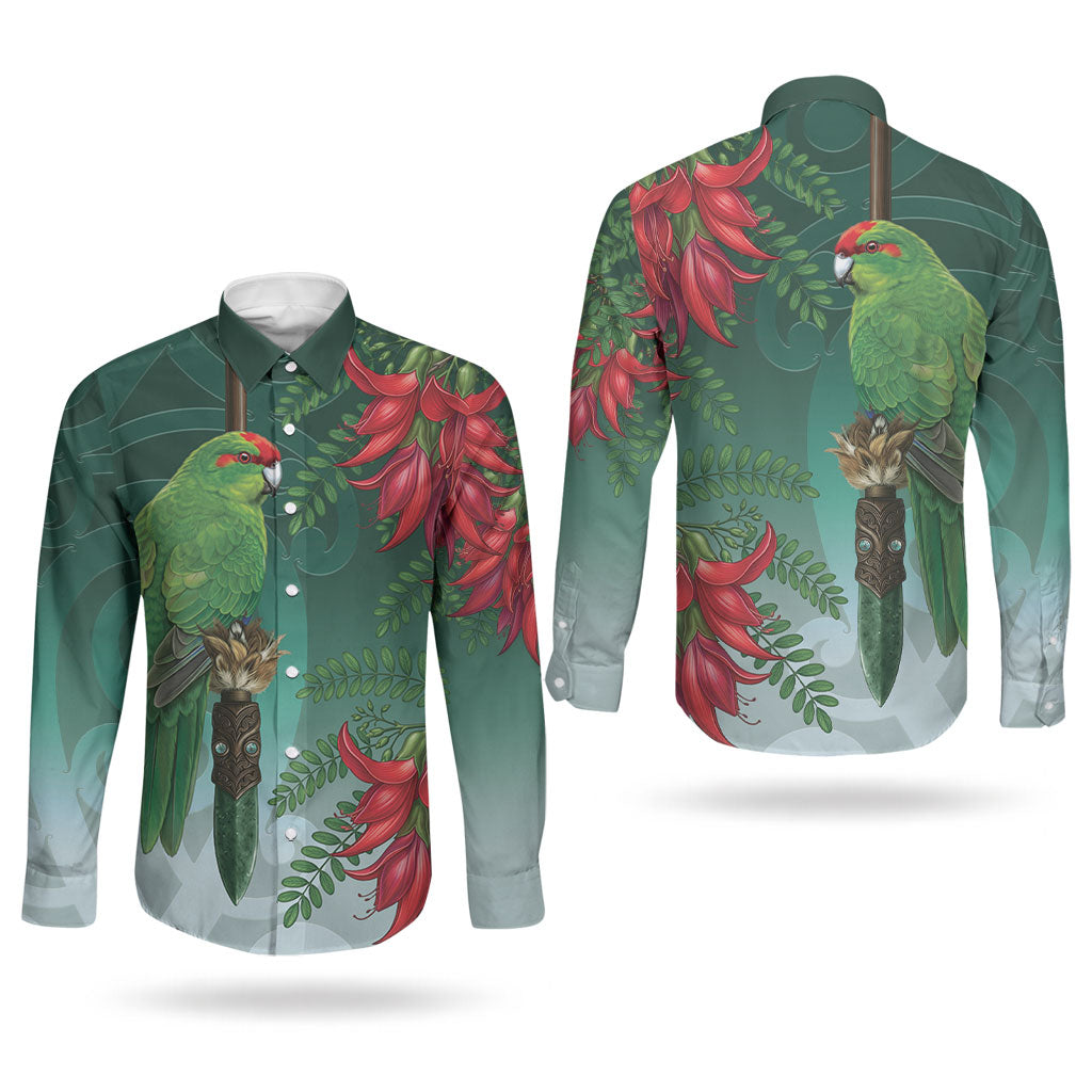New Zealand Parakeet Bird Couples Matching Off Shoulder Maxi Dress and Long Sleeve Button Shirt With Kakabeak Flowers