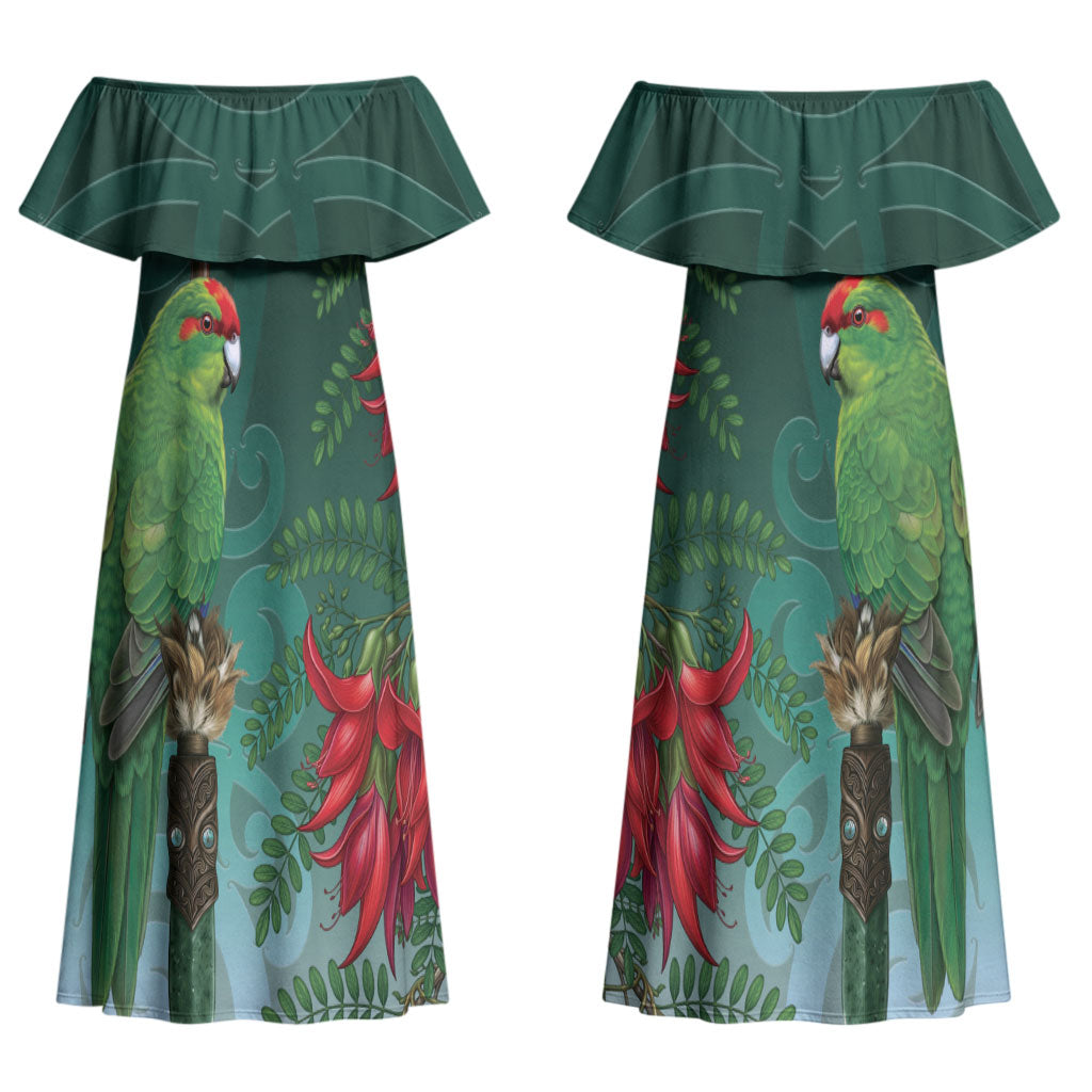 New Zealand Parakeet Bird Couples Matching Off Shoulder Maxi Dress and Long Sleeve Button Shirt With Kakabeak Flowers