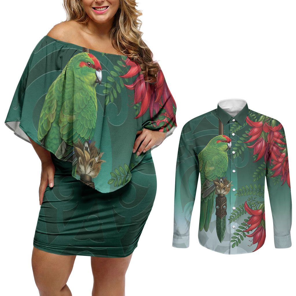 New Zealand Parakeet Bird Couples Matching Off Shoulder Short Dress and Long Sleeve Button Shirt With Kakabeak Flowers