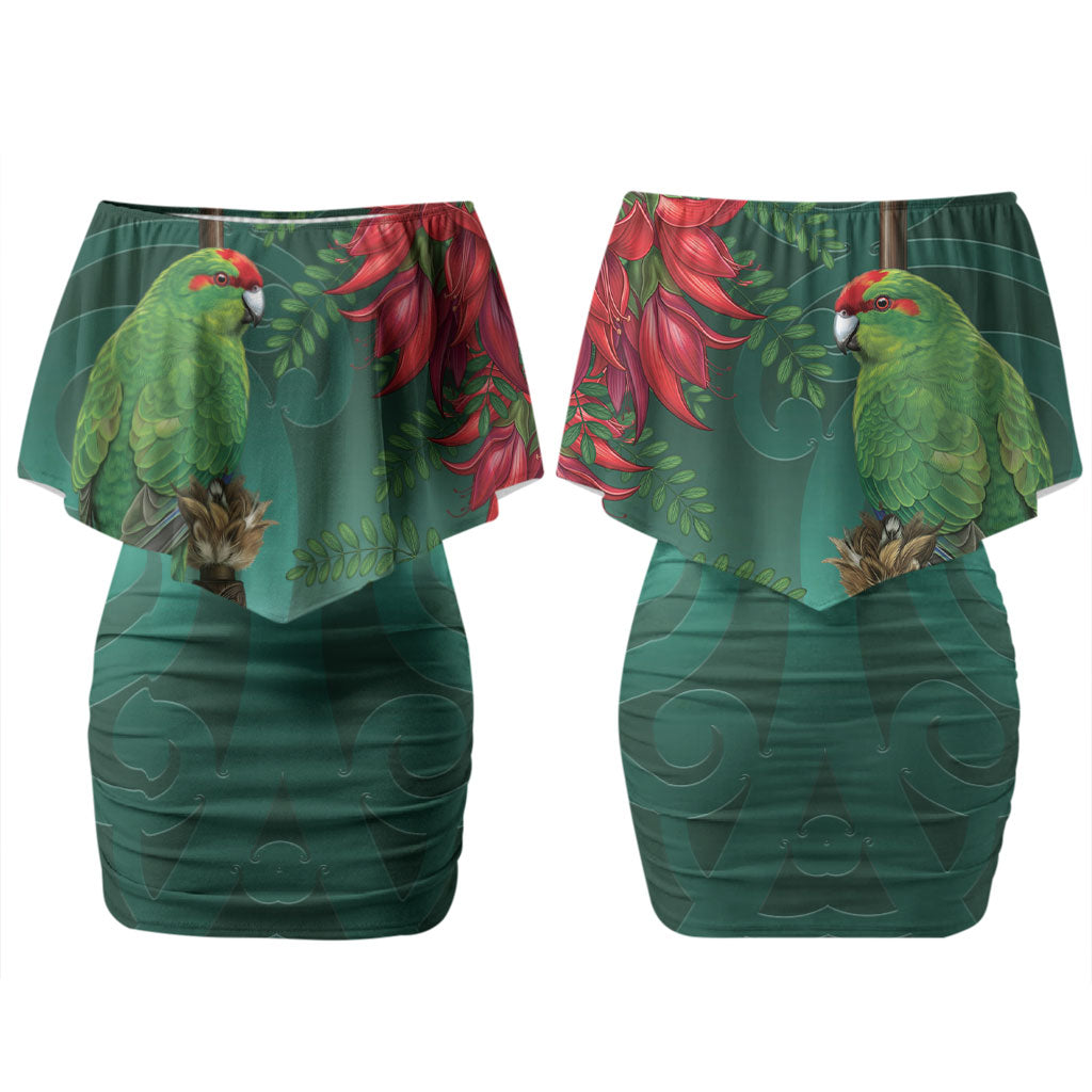 New Zealand Parakeet Bird Couples Matching Off Shoulder Short Dress and Long Sleeve Button Shirt With Kakabeak Flowers