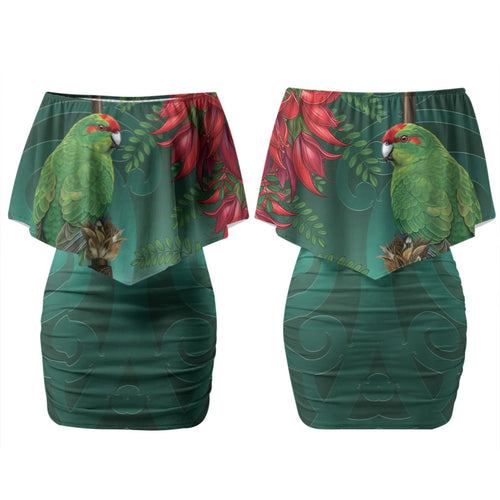 New Zealand Parakeet Bird Couples Matching Off Shoulder Short Dress and Long Sleeve Button Shirt With Kakabeak Flowers