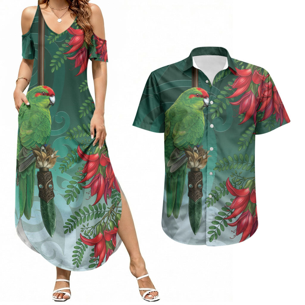 New Zealand Parakeet Bird Couples Matching Summer Maxi Dress and Hawaiian Shirt With Kakabeak Flowers