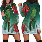 New Zealand Parakeet Bird Hoodie Dress With Kakabeak Flowers