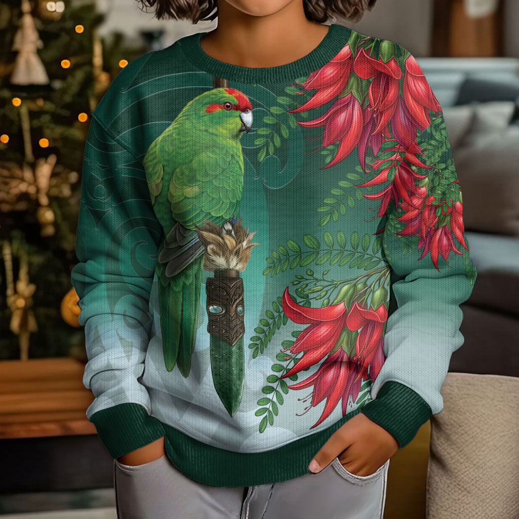 New Zealand Parakeet Bird Kid Ugly Christmas Sweater With Kakabeak Flowers