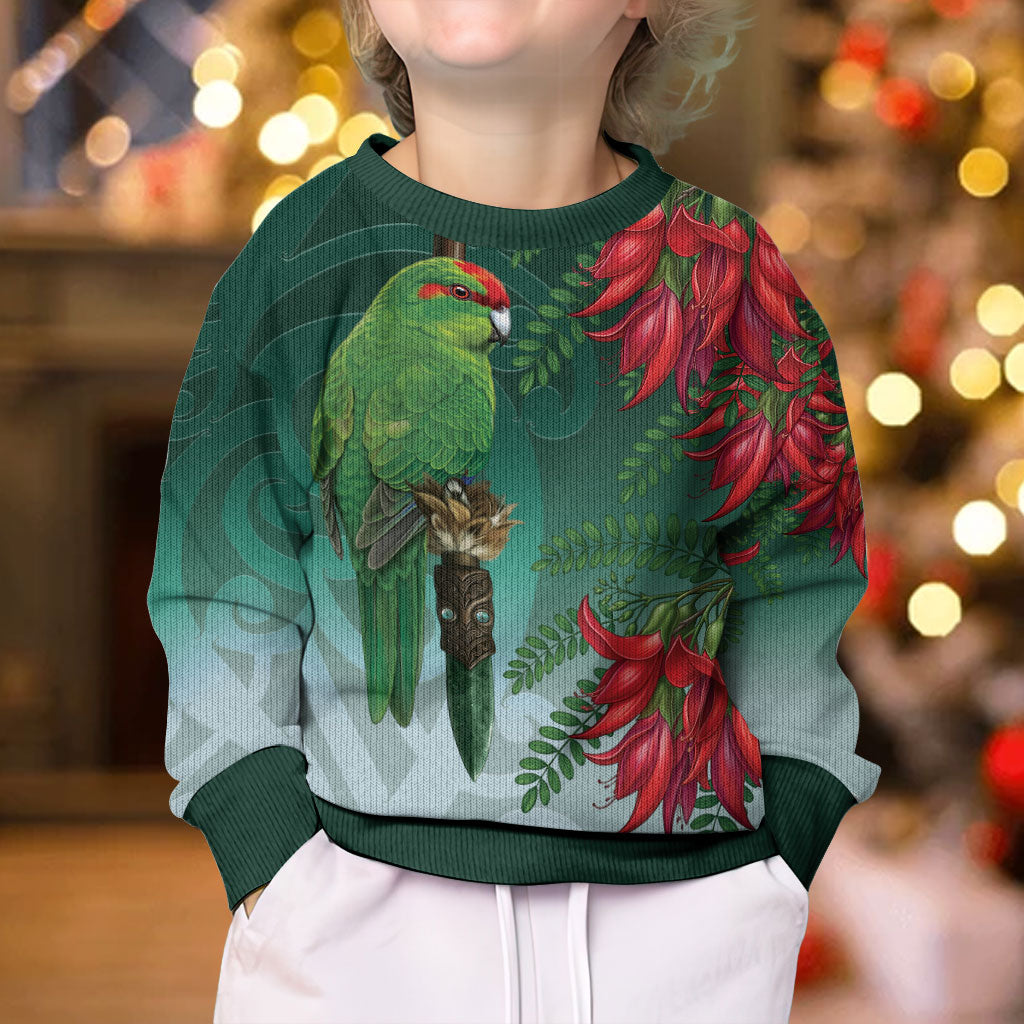 New Zealand Parakeet Bird Kid Ugly Christmas Sweater With Kakabeak Flowers
