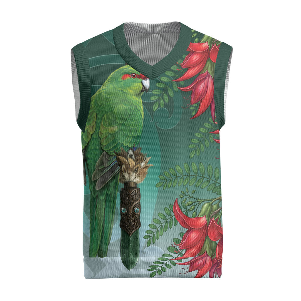 New Zealand Parakeet Bird Christmas Knitted V-Neck Vest With Kakabeak Flowers