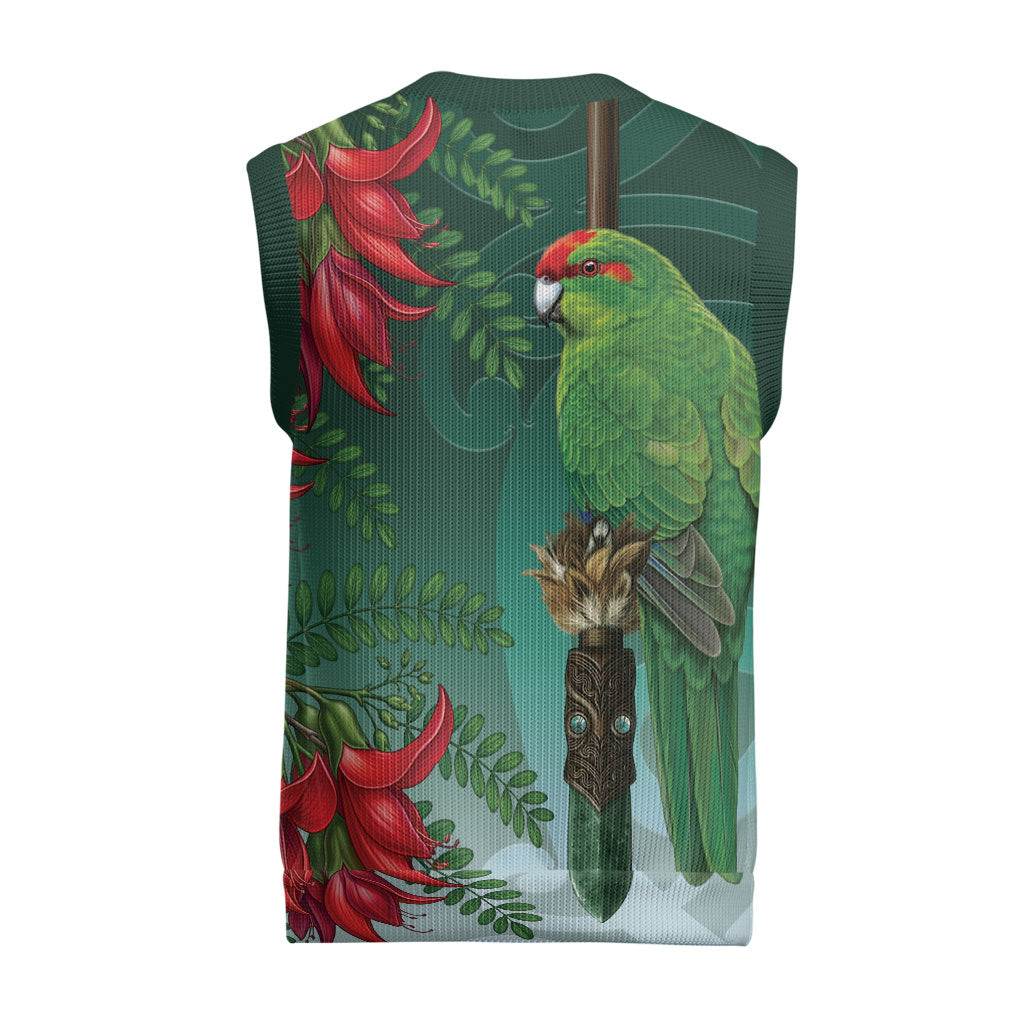 New Zealand Parakeet Bird Christmas Knitted V-Neck Vest With Kakabeak Flowers