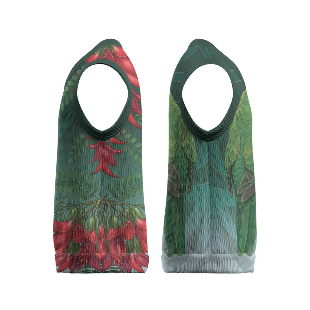 New Zealand Parakeet Bird Christmas Knitted V-Neck Vest With Kakabeak Flowers