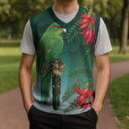 New Zealand Parakeet Bird Christmas Knitted V-Neck Vest With Kakabeak Flowers