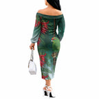 New Zealand Parakeet Bird Off The Shoulder Long Sleeve Dress With Kakabeak Flowers