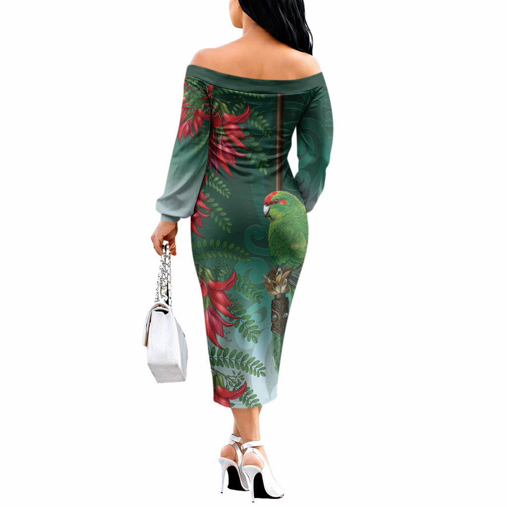 New Zealand Parakeet Bird Off The Shoulder Long Sleeve Dress With Kakabeak Flowers