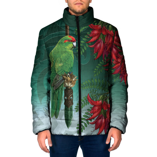 New Zealand Parakeet Bird Padded Jacket With Kakabeak Flowers