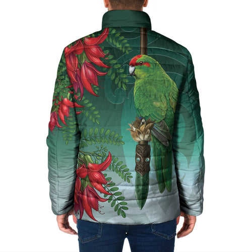 New Zealand Parakeet Bird Padded Jacket With Kakabeak Flowers