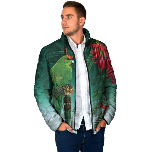 New Zealand Parakeet Bird Padded Jacket With Kakabeak Flowers