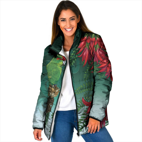 New Zealand Parakeet Bird Padded Jacket With Kakabeak Flowers
