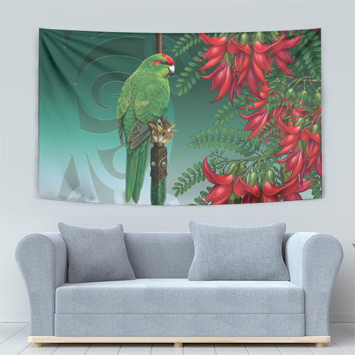 New Zealand Parakeet Bird Tapestry With Kakabeak Flowers