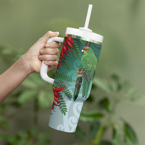 New Zealand Parakeet Bird Tumbler With Handle With Kakabeak Flowers