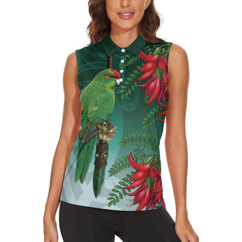New Zealand Parakeet Bird Women Sleeveless Polo Shirt With Kakabeak Flowers