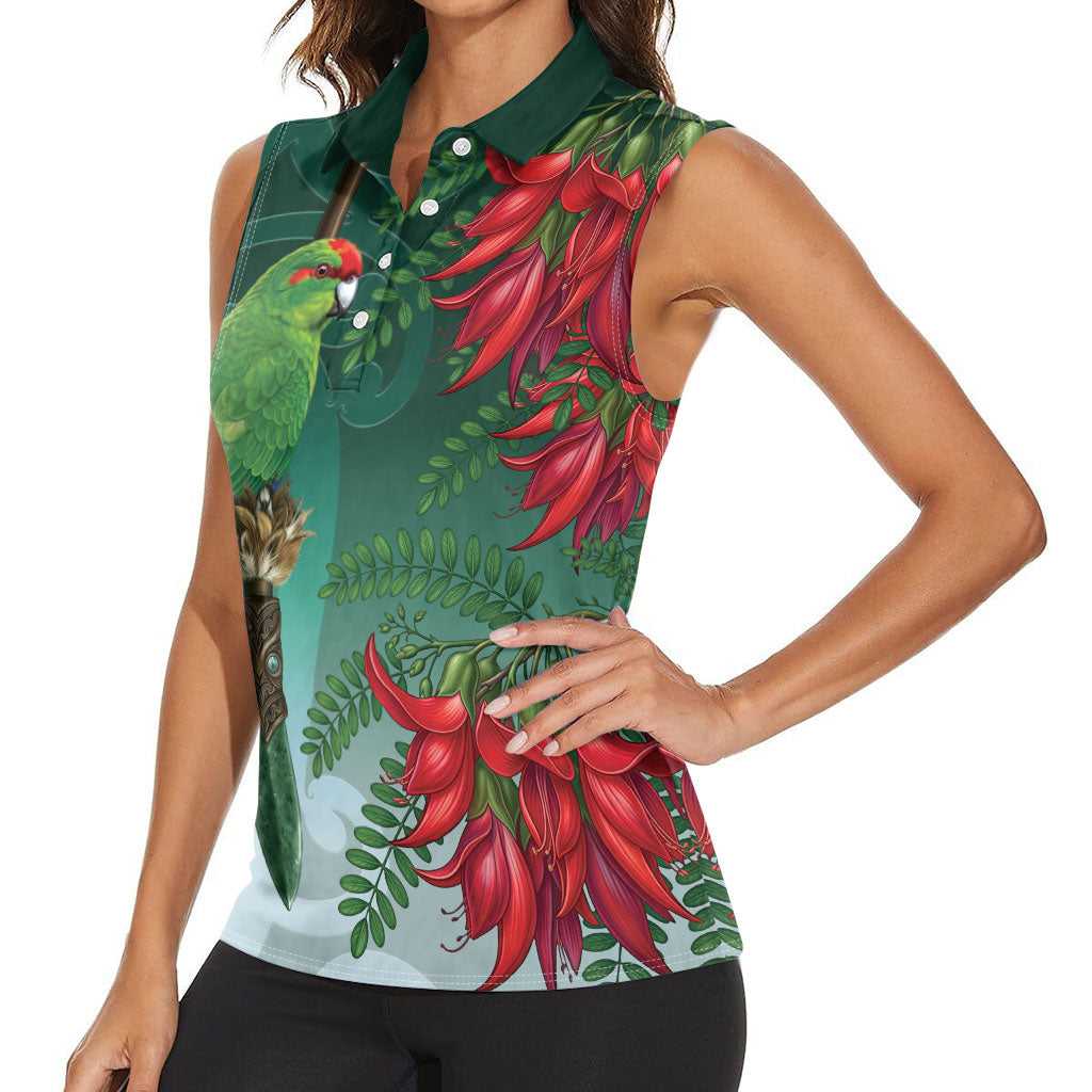 New Zealand Parakeet Bird Women Sleeveless Polo Shirt With Kakabeak Flowers