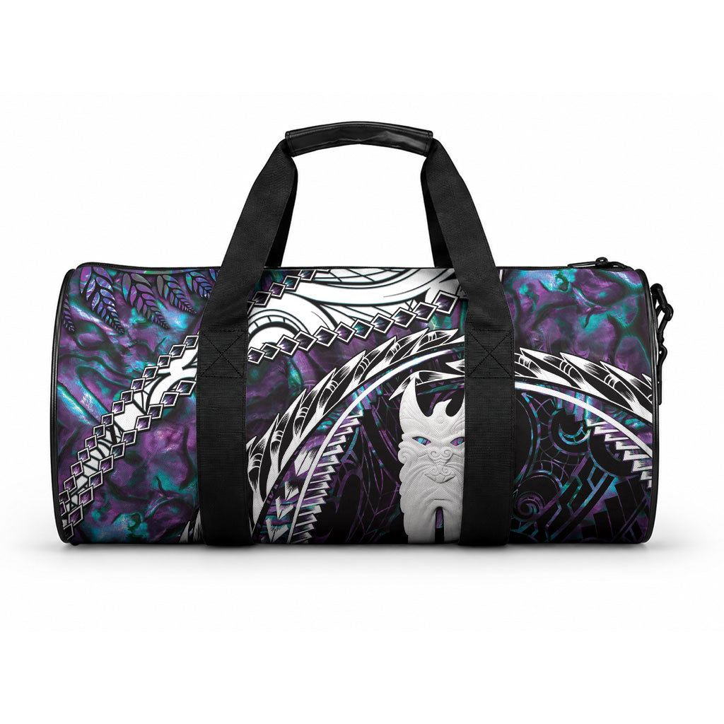 New Zealand Aotearoa Duffle Bag Maori Hei Rehua Paua Shell Glitter Purple