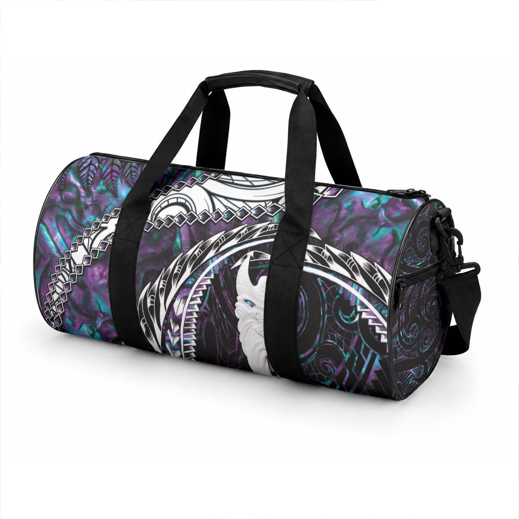 New Zealand Aotearoa Duffle Bag Maori Hei Rehua Paua Shell Glitter Purple