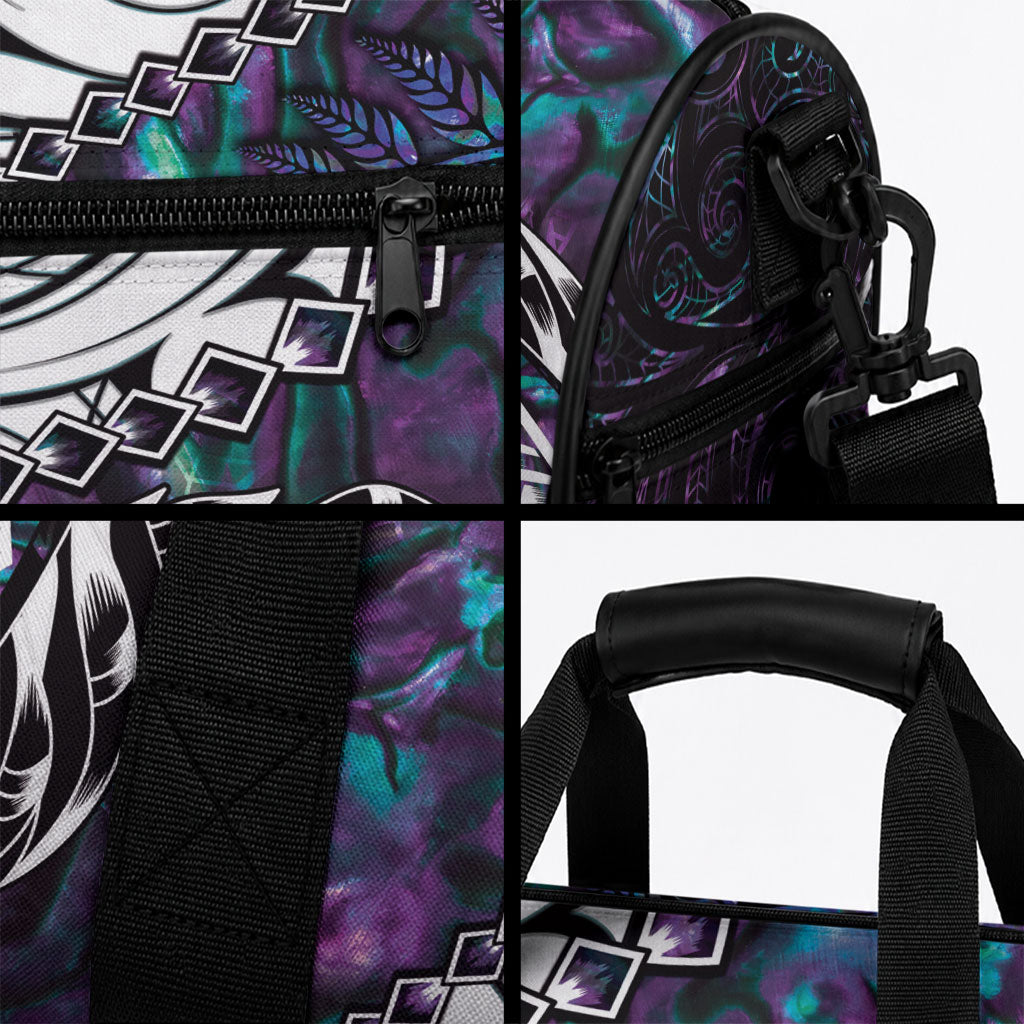 New Zealand Aotearoa Duffle Bag Maori Hei Rehua Paua Shell Glitter Purple
