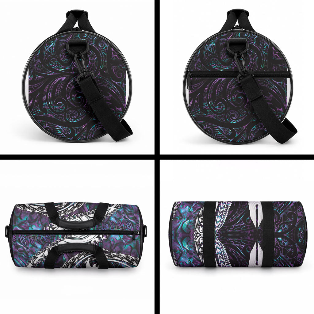 New Zealand Aotearoa Duffle Bag Maori Hei Rehua Paua Shell Glitter Purple