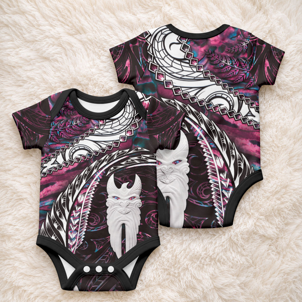 New Zealand Aotearoa Baby Onesie Maori Hei Rehua Paua Shell Glitter Pink
