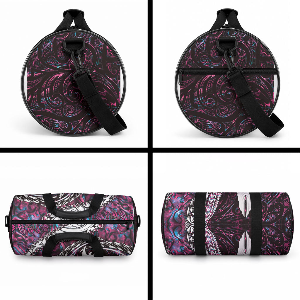 New Zealand Aotearoa Duffle Bag Maori Hei Rehua Paua Shell Glitter Pink