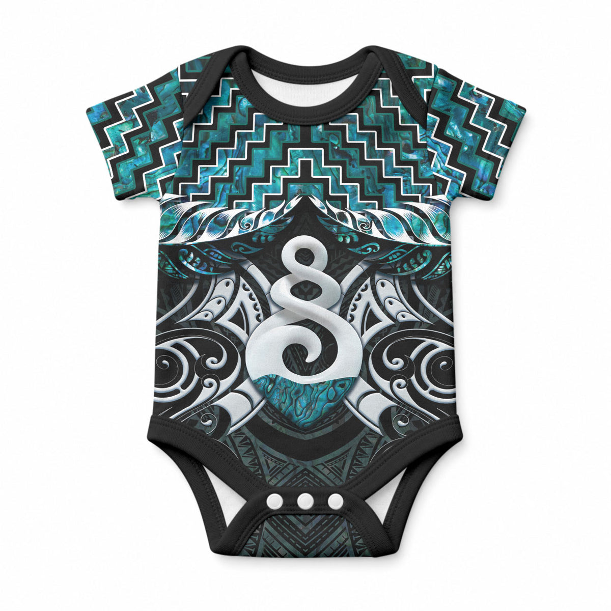 New Zealand Maori Baby Onesie Poutama Pikorua Turquoise Paua Shell