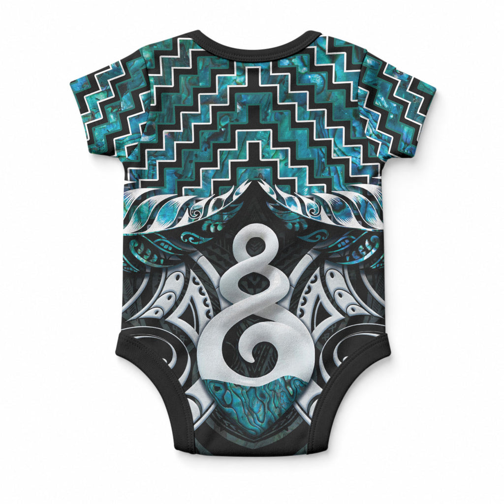 New Zealand Maori Baby Onesie Poutama Pikorua Turquoise Paua Shell