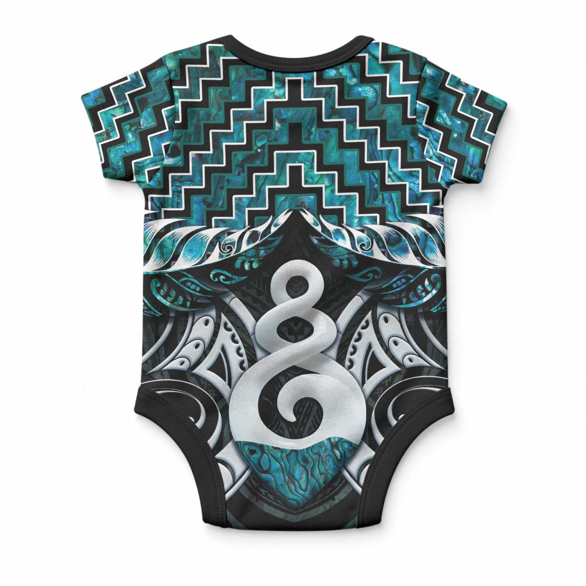 New Zealand Maori Baby Onesie Poutama Pikorua Turquoise Paua Shell