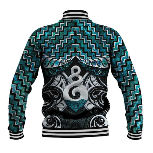 New Zealand Maori Baseball Jacket Poutama Pikorua Turquoise Paua Shell