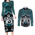 New Zealand Maori Couples Matching Long Sleeve Bodycon Dress and Long Sleeve Button Shirt Poutama Pikorua Turquoise Paua Shell