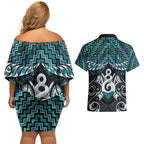 New Zealand Maori Couples Matching Off Shoulder Short Dress and Hawaiian Shirt Poutama Pikorua Turquoise Paua Shell