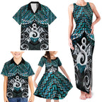 New Zealand Maori Family Matching Tank Maxi Dress and Hawaiian Shirt Poutama Pikorua Turquoise Paua Shell