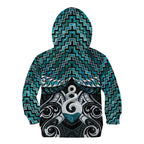 New Zealand Maori Kid Hoodie Poutama Pikorua Turquoise Paua Shell