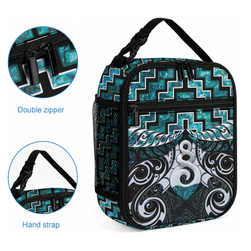 New Zealand Maori Lunch Bag Poutama Pikorua Turquoise Paua Shell