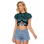 New Zealand Maori Raglan Cropped T Shirt Poutama Pikorua Turquoise Paua Shell