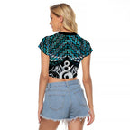 New Zealand Maori Raglan Cropped T Shirt Poutama Pikorua Turquoise Paua Shell