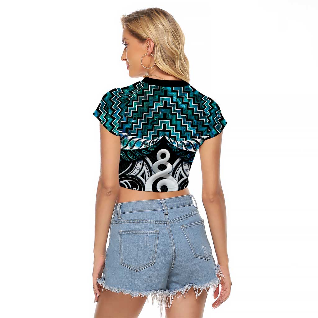 New Zealand Maori Raglan Cropped T Shirt Poutama Pikorua Turquoise Paua Shell