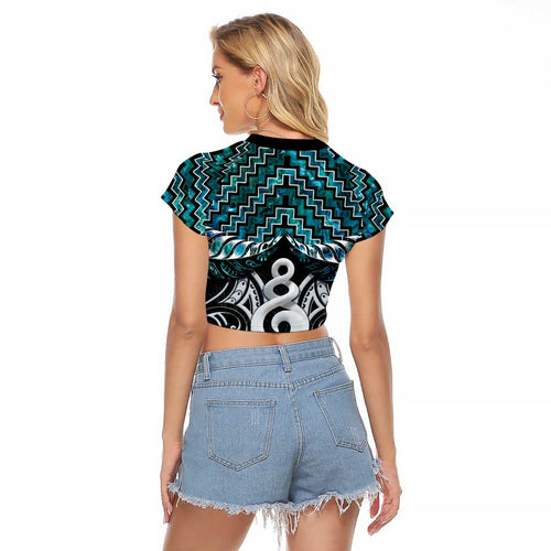 New Zealand Maori Raglan Cropped T Shirt Poutama Pikorua Turquoise Paua Shell
