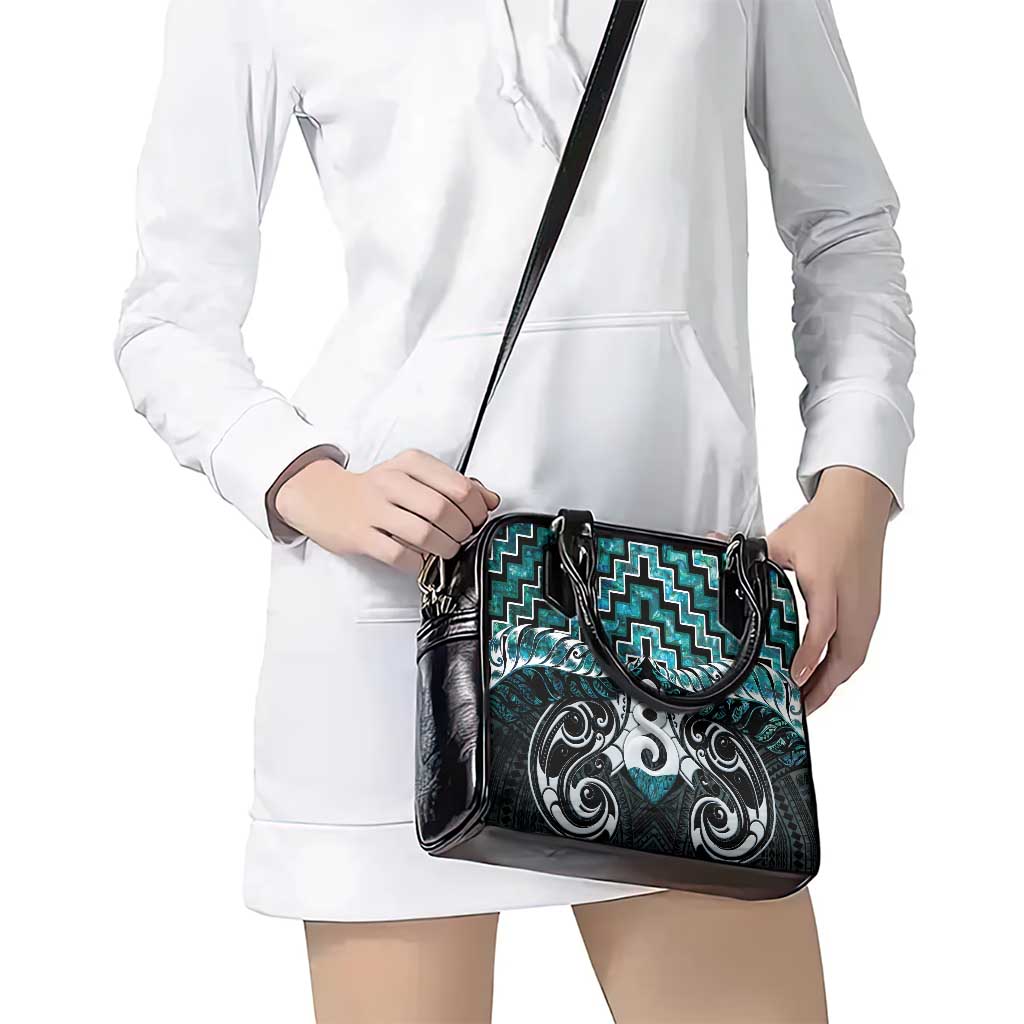 New Zealand Maori Shoulder Handbag Poutama Pikorua Turquoise Paua Shell