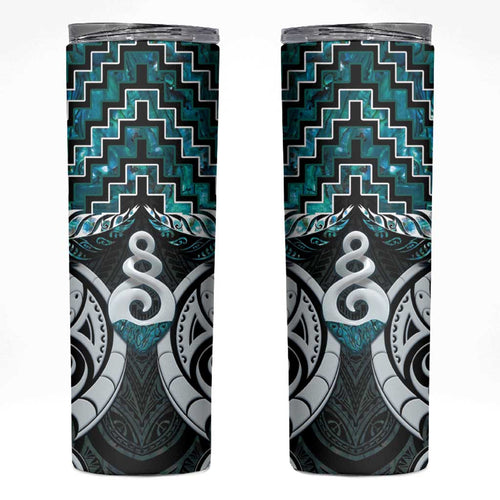 New Zealand Maori Skinny Tumbler Poutama Pikorua Turquoise Paua Shell