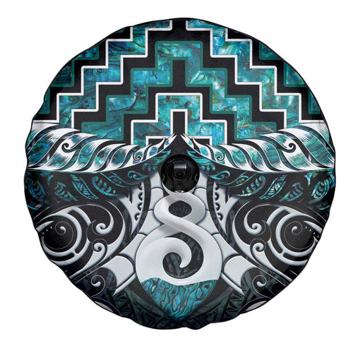 New Zealand Maori Spare Tire Cover Poutama Pikorua Turquoise Paua Shell