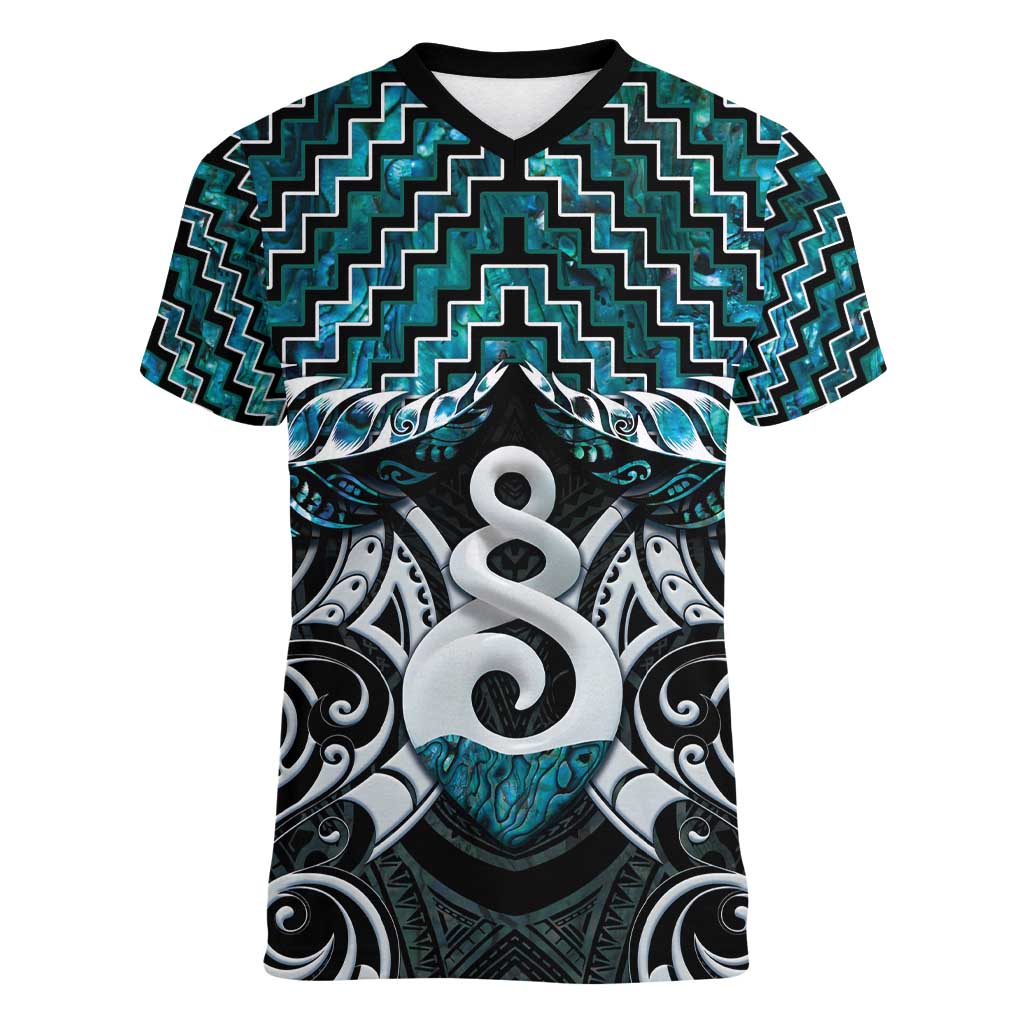 New Zealand Maori Women V-Neck T-Shirt Poutama Pikorua Turquoise Paua Shell