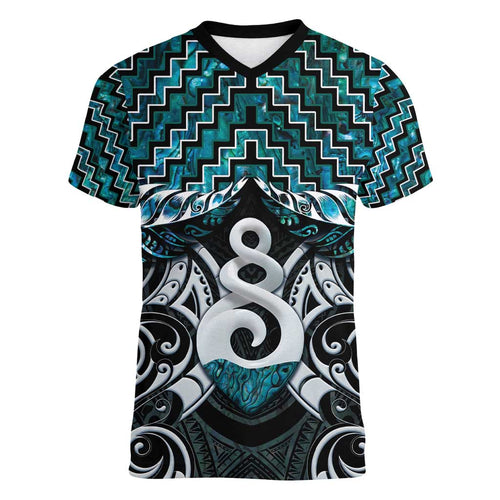 New Zealand Maori Women V-Neck T-Shirt Poutama Pikorua Turquoise Paua Shell