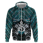 New Zealand Maori Zip Hoodie Poutama Pikorua Turquoise Paua Shell
