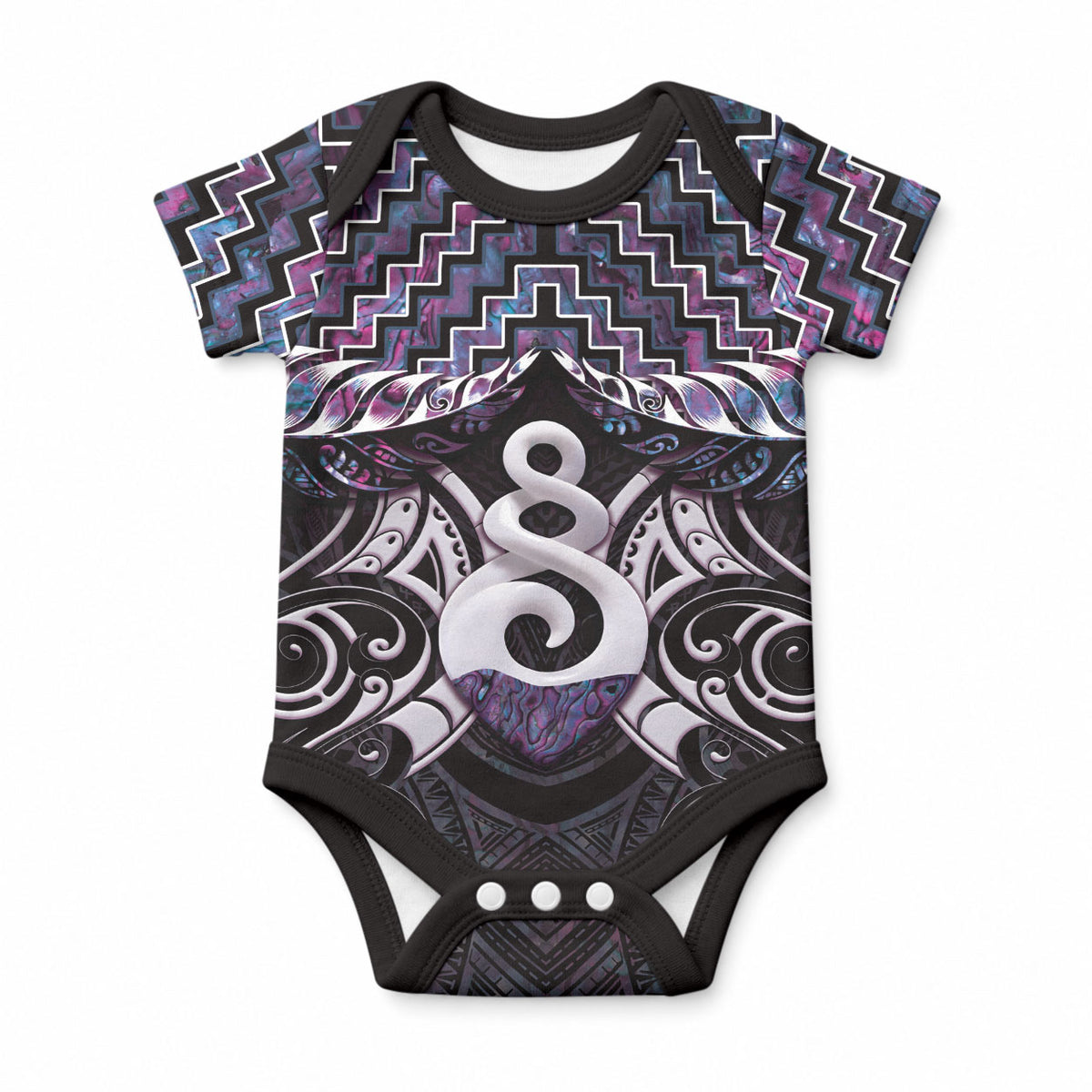 New Zealand Maori Baby Onesie Poutama Pikorua Purple Paua Shell
