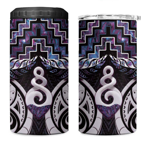 New Zealand Maori 4 in 1 Can Cooler Tumbler Poutama Pikorua Purple Paua Shell